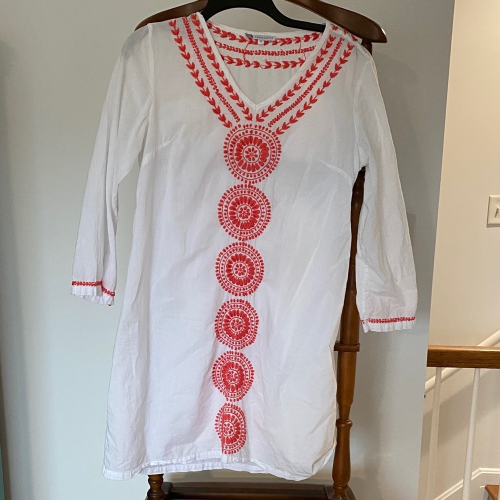 Pomegranate White and Pink Coral Embroidered Women's Swim Coverup
